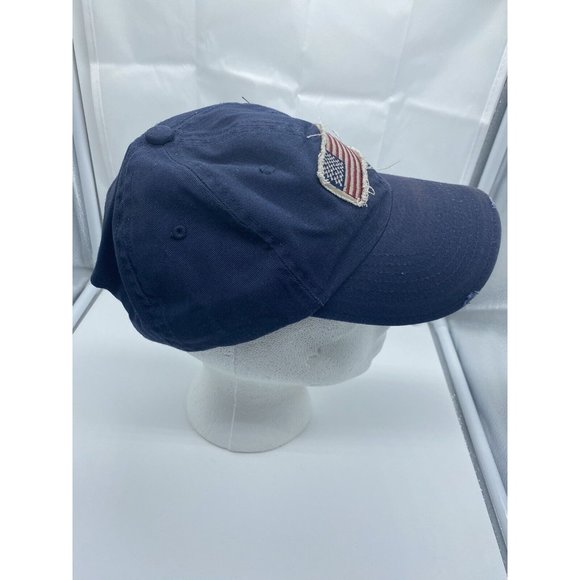 Blue Cotton Baseball Hat Tattered w/ American Flag Cap Adjustable Strap-back - Picture 2 of 6